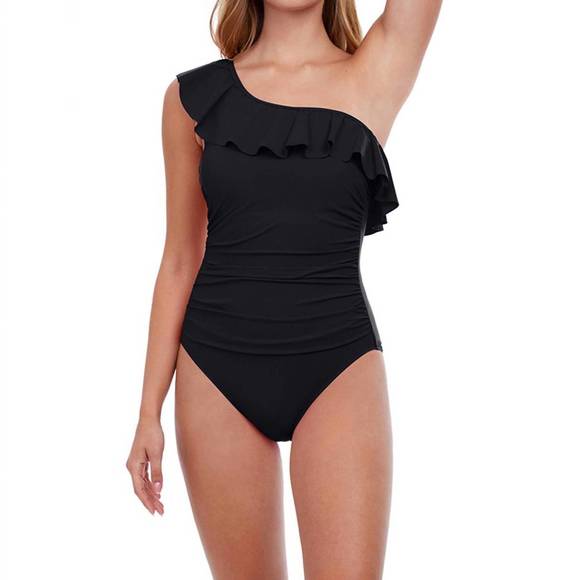 NEW PROFILE BY GOTTEX ruffle one shoulder one piece swimsuit in tutti frutti bla - Picture 1 of 2